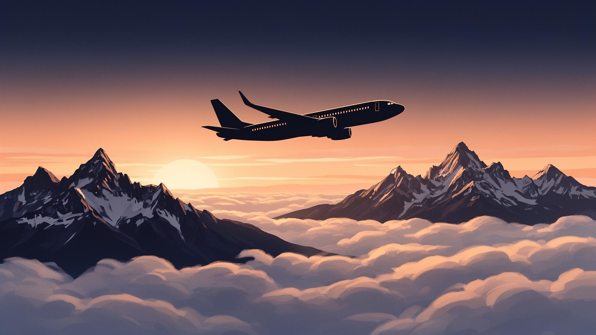 Airliner gliding over the Canadian Rockies at sunset